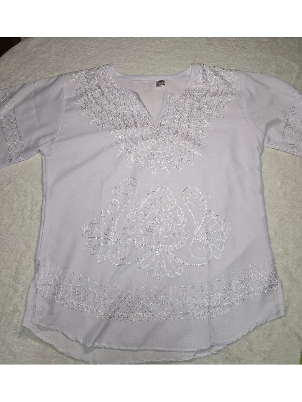 Ahmed Zaghloul Egyptian Cotton White Silver Embroidered Boho Tunic Blouse Sz XL